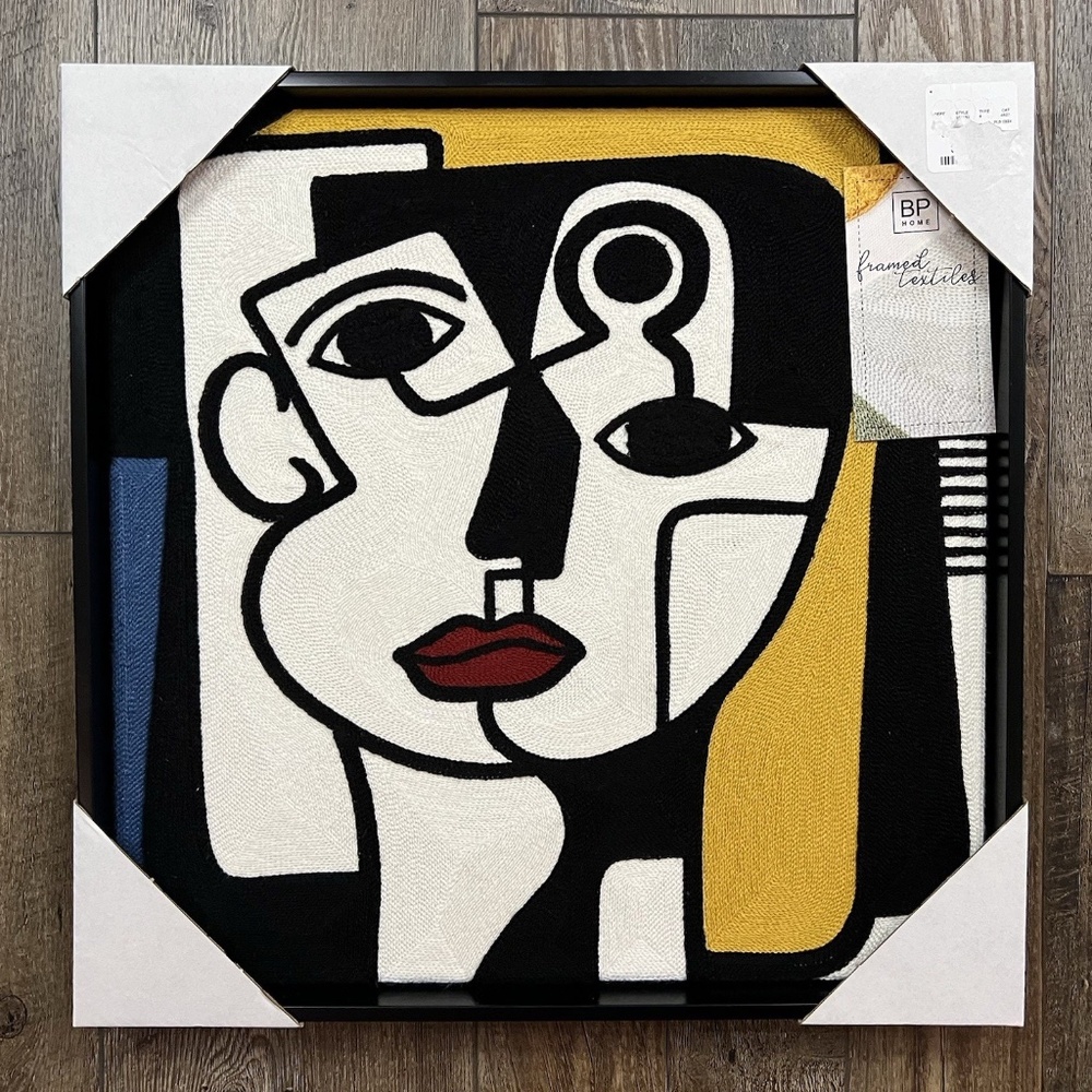 Home Embroidery Textile Cubism Face Wall Art (17” x 17”) 100% Cotton Materials
